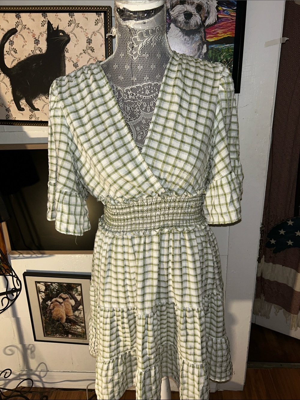 Max Studio Green Plaid Smocked-Waist Midi Dress